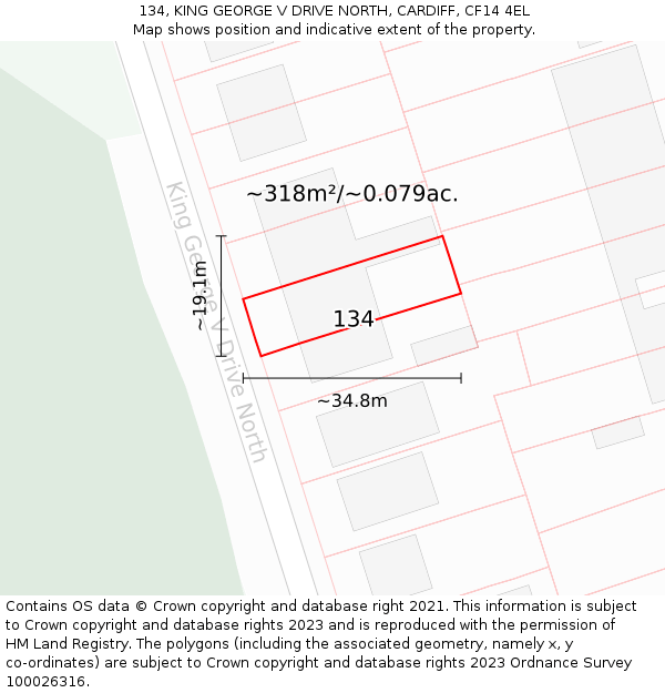 134, KING GEORGE V DRIVE NORTH, CARDIFF, CF14 4EL: Plot and title map