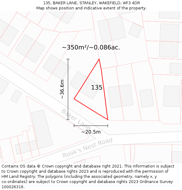 135, BAKER LANE, STANLEY, WAKEFIELD, WF3 4DR: Plot and title map