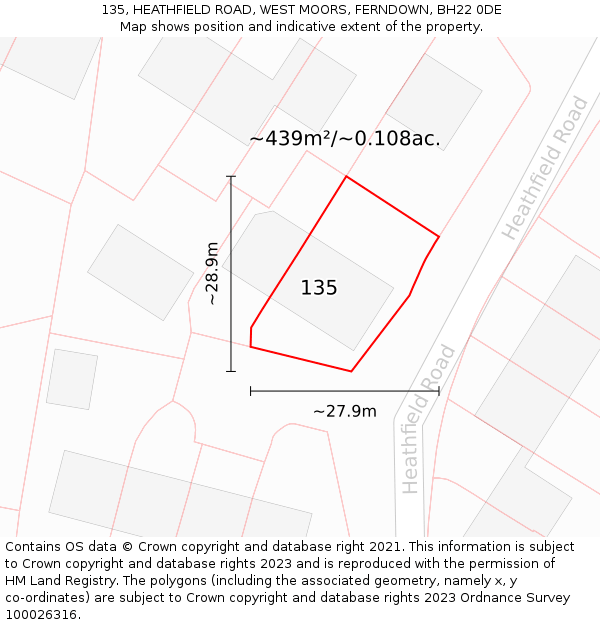 135, HEATHFIELD ROAD, WEST MOORS, FERNDOWN, BH22 0DE: Plot and title map