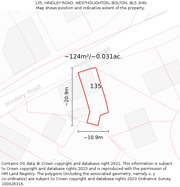 135, HINDLEY ROAD, WESTHOUGHTON, BOLTON, BL5 2HN: Plot and title map