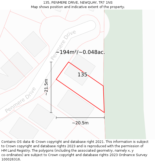 135, PENMERE DRIVE, NEWQUAY, TR7 1NS: Plot and title map
