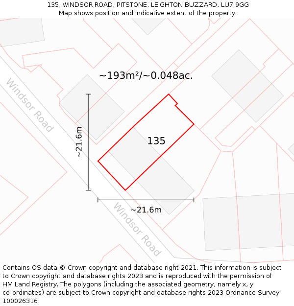 135, WINDSOR ROAD, PITSTONE, LEIGHTON BUZZARD, LU7 9GG: Plot and title map