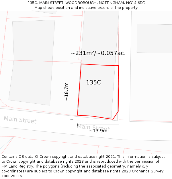 135C, MAIN STREET, WOODBOROUGH, NOTTINGHAM, NG14 6DD: Plot and title map