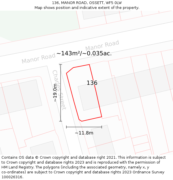 136, MANOR ROAD, OSSETT, WF5 0LW: Plot and title map