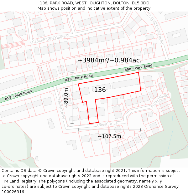 136, PARK ROAD, WESTHOUGHTON, BOLTON, BL5 3DD: Plot and title map