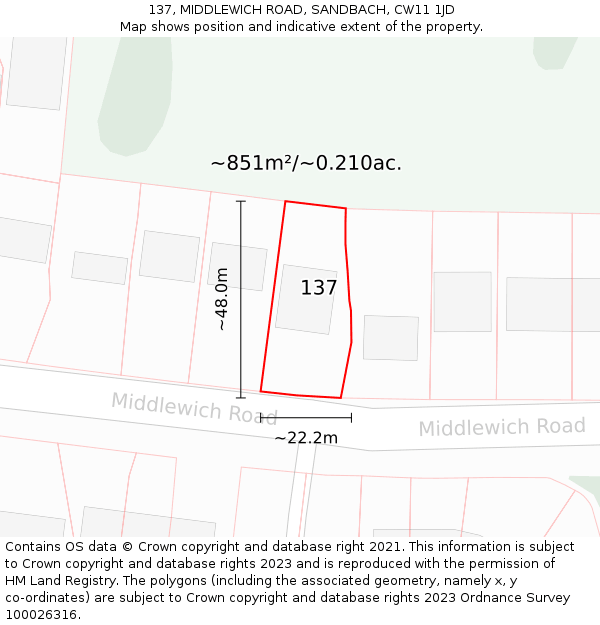 137, MIDDLEWICH ROAD, SANDBACH, CW11 1JD: Plot and title map