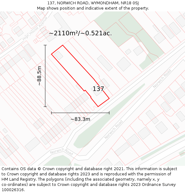 137, NORWICH ROAD, WYMONDHAM, NR18 0SJ: Plot and title map