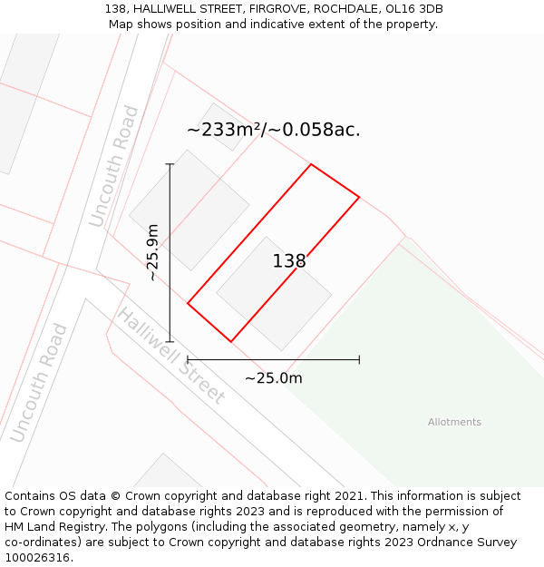 138, HALLIWELL STREET, FIRGROVE, ROCHDALE, OL16 3DB: Plot and title map