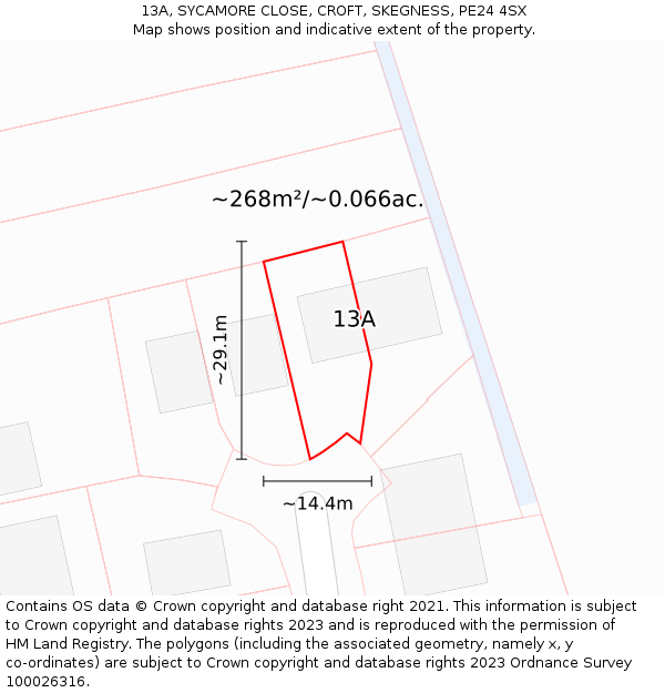 13A, SYCAMORE CLOSE, CROFT, SKEGNESS, PE24 4SX: Plot and title map