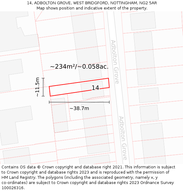 14, ADBOLTON GROVE, WEST BRIDGFORD, NOTTINGHAM, NG2 5AR: Plot and title map