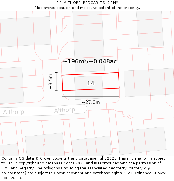 14, ALTHORP, REDCAR, TS10 1NY: Plot and title map