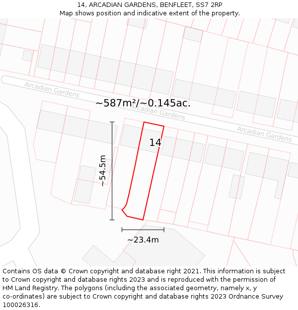 14, ARCADIAN GARDENS, BENFLEET, SS7 2RP: Plot and title map