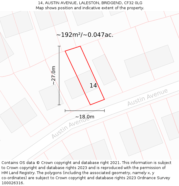 14, AUSTIN AVENUE, LALESTON, BRIDGEND, CF32 0LG: Plot and title map