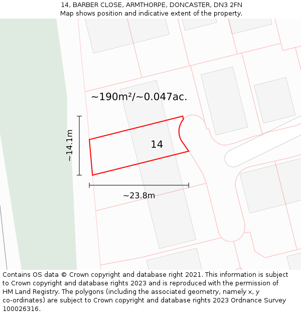 14, BARBER CLOSE, ARMTHORPE, DONCASTER, DN3 2FN: Plot and title map