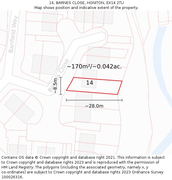 14, BARNES CLOSE, HONITON, EX14 2TU: Plot and title map