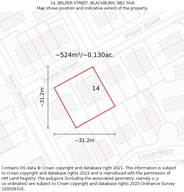 14, BELPER STREET, BLACKBURN, BB1 5HA: Plot and title map