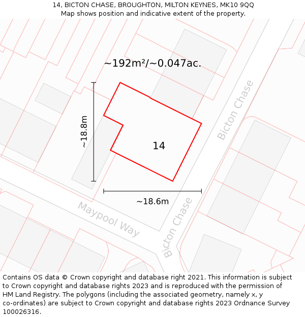 14, BICTON CHASE, BROUGHTON, MILTON KEYNES, MK10 9QQ: Plot and title map