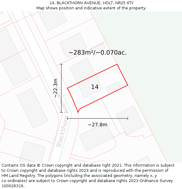 14, BLACKTHORN AVENUE, HOLT, NR25 6TY: Plot and title map