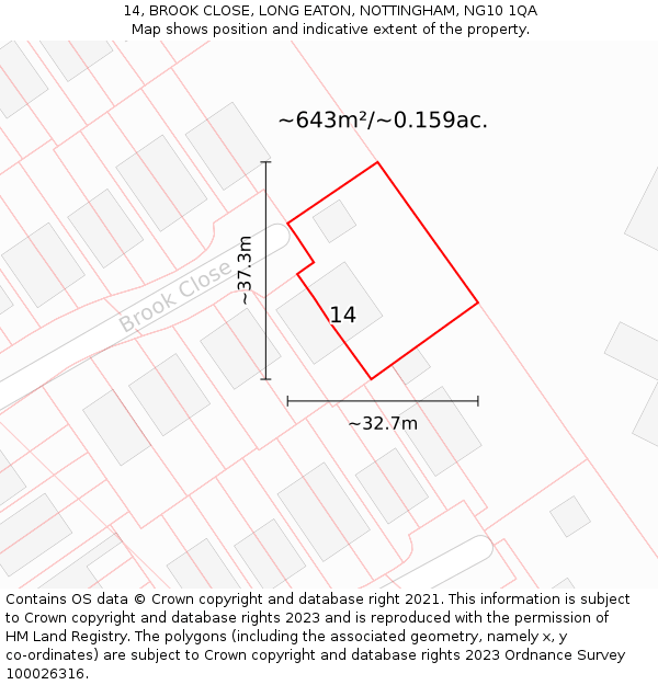 14, BROOK CLOSE, LONG EATON, NOTTINGHAM, NG10 1QA: Plot and title map