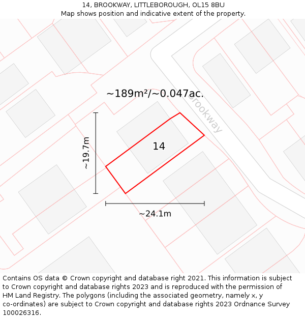 14, BROOKWAY, LITTLEBOROUGH, OL15 8BU: Plot and title map