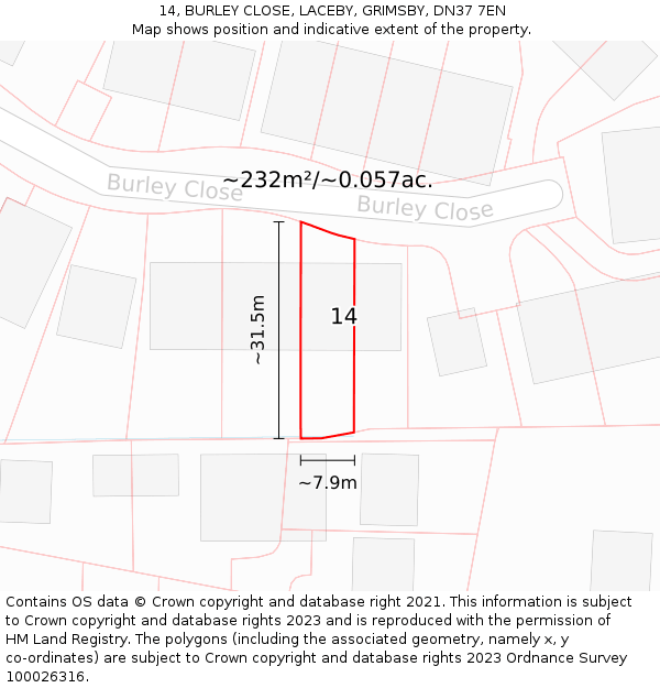 14, BURLEY CLOSE, LACEBY, GRIMSBY, DN37 7EN: Plot and title map