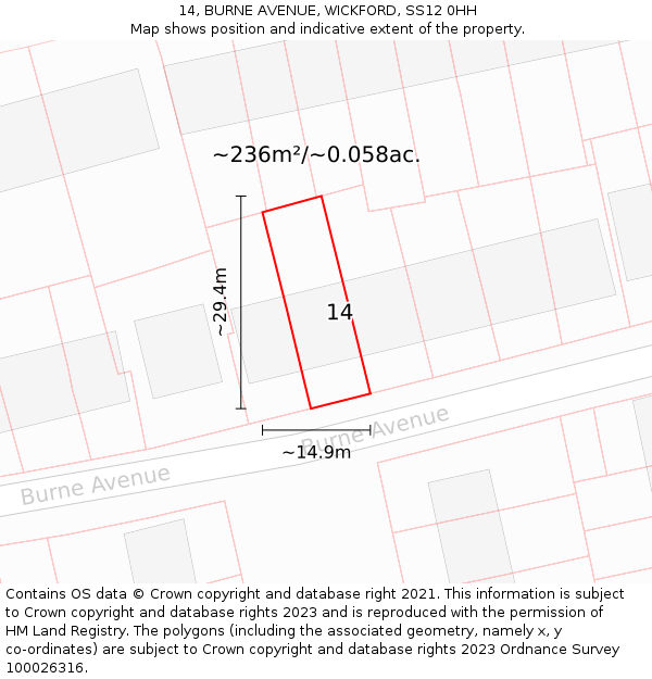 14, BURNE AVENUE, WICKFORD, SS12 0HH: Plot and title map