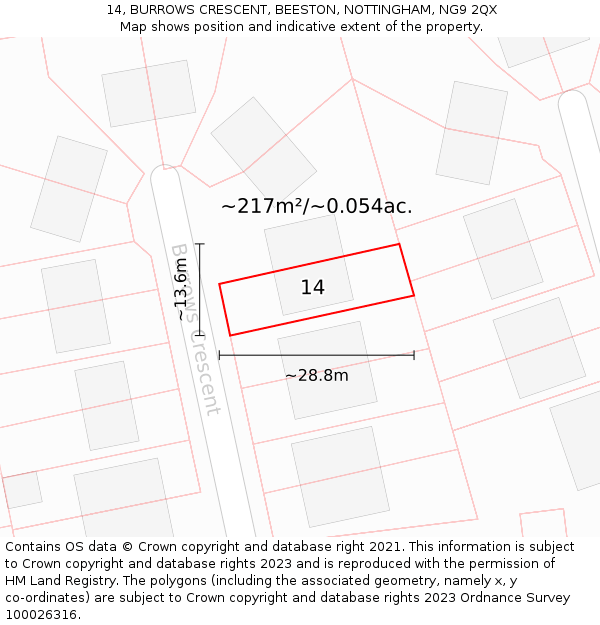 14, BURROWS CRESCENT, BEESTON, NOTTINGHAM, NG9 2QX: Plot and title map