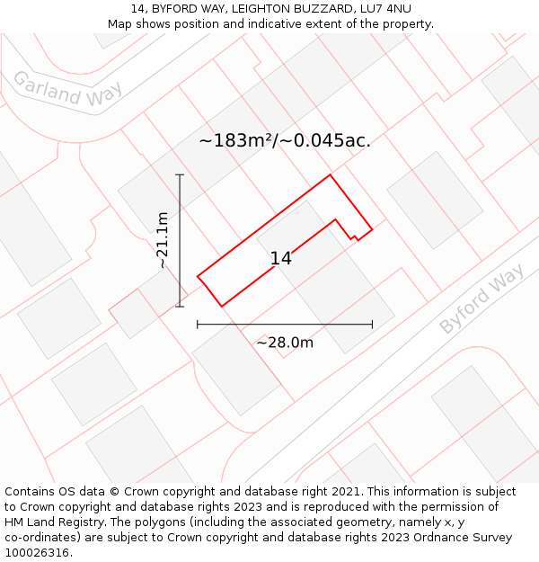 14, BYFORD WAY, LEIGHTON BUZZARD, LU7 4NU: Plot and title map