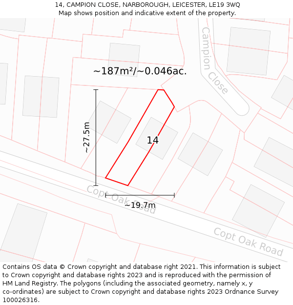 14, CAMPION CLOSE, NARBOROUGH, LEICESTER, LE19 3WQ: Plot and title map