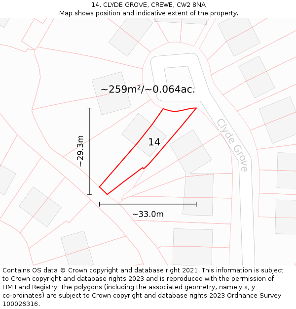 14, CLYDE GROVE, CREWE, CW2 8NA: Plot and title map