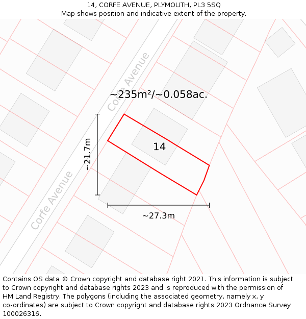 14, CORFE AVENUE, PLYMOUTH, PL3 5SQ: Plot and title map