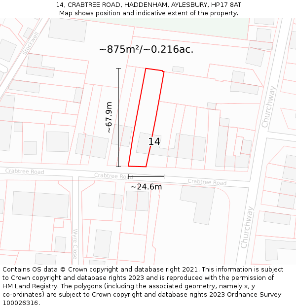 14, CRABTREE ROAD, HADDENHAM, AYLESBURY, HP17 8AT: Plot and title map