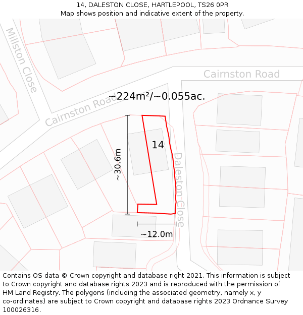 14, DALESTON CLOSE, HARTLEPOOL, TS26 0PR: Plot and title map