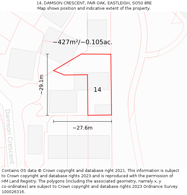 14, DAMSON CRESCENT, FAIR OAK, EASTLEIGH, SO50 8RE: Plot and title map