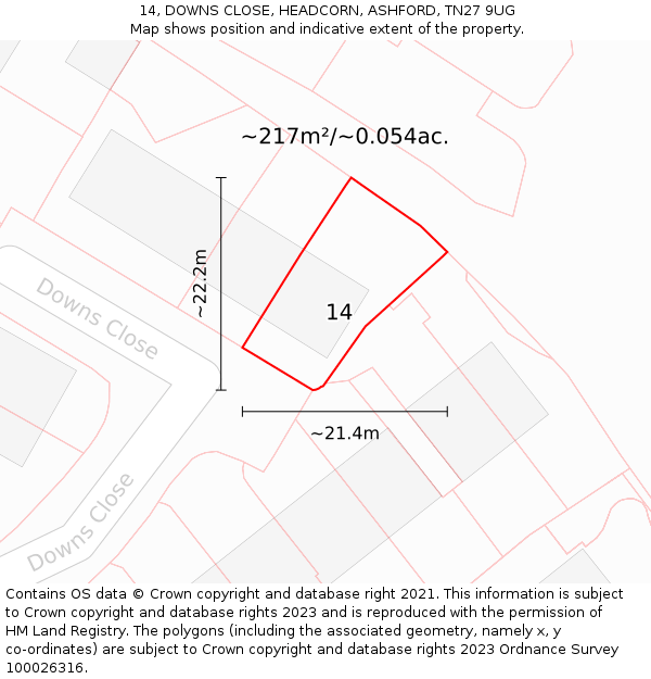 14, DOWNS CLOSE, HEADCORN, ASHFORD, TN27 9UG: Plot and title map