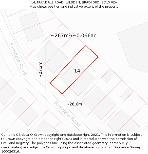 14, FARNDALE ROAD, WILSDEN, BRADFORD, BD15 0LW: Plot and title map