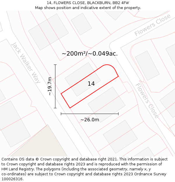 14, FLOWERS CLOSE, BLACKBURN, BB2 4FW: Plot and title map