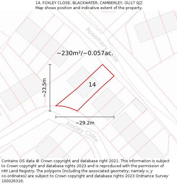 14, FOXLEY CLOSE, BLACKWATER, CAMBERLEY, GU17 0JZ: Plot and title map