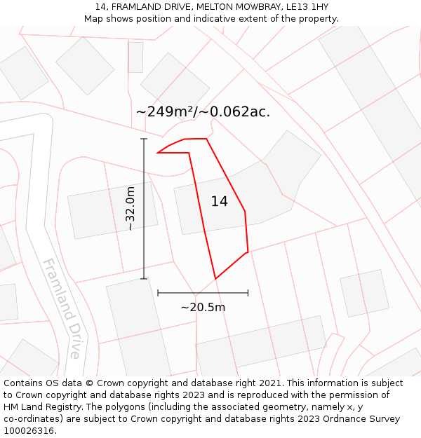 14, FRAMLAND DRIVE, MELTON MOWBRAY, LE13 1HY: Plot and title map