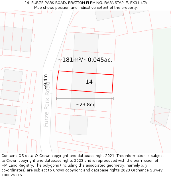 14, FURZE PARK ROAD, BRATTON FLEMING, BARNSTAPLE, EX31 4TA: Plot and title map