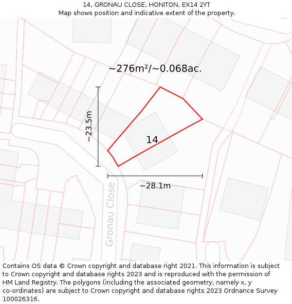 14, GRONAU CLOSE, HONITON, EX14 2YT: Plot and title map