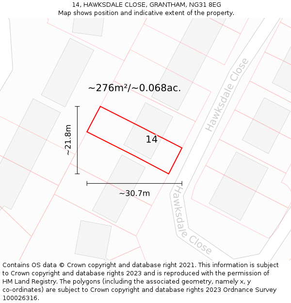 14, HAWKSDALE CLOSE, GRANTHAM, NG31 8EG: Plot and title map