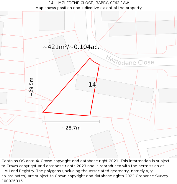 14, HAZLEDENE CLOSE, BARRY, CF63 1AW: Plot and title map