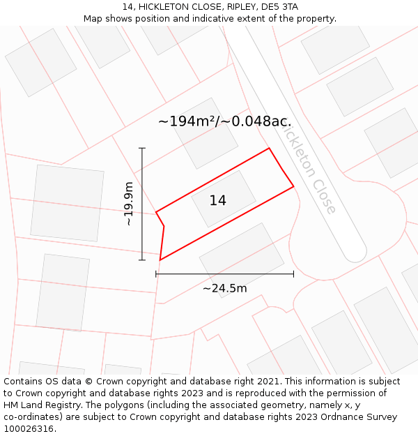 14, HICKLETON CLOSE, RIPLEY, DE5 3TA: Plot and title map