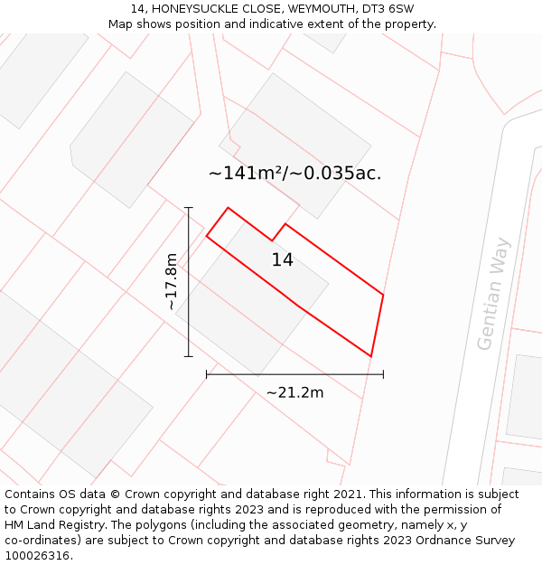 14, HONEYSUCKLE CLOSE, WEYMOUTH, DT3 6SW: Plot and title map