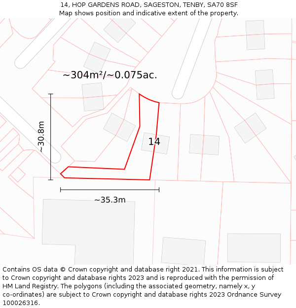 14, HOP GARDENS ROAD, SAGESTON, TENBY, SA70 8SF: Plot and title map