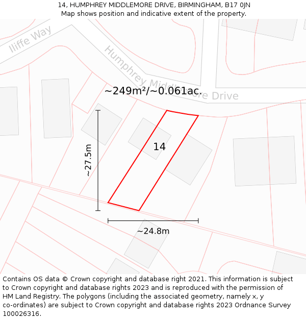 14, HUMPHREY MIDDLEMORE DRIVE, BIRMINGHAM, B17 0JN: Plot and title map