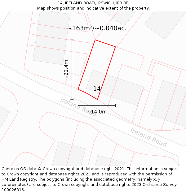 14, IRELAND ROAD, IPSWICH, IP3 0EJ: Plot and title map