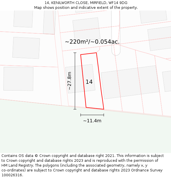 14, KENILWORTH CLOSE, MIRFIELD, WF14 9DG: Plot and title map