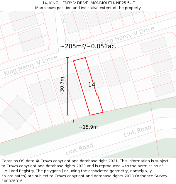 14, KING HENRY V DRIVE, MONMOUTH, NP25 5UE: Plot and title map